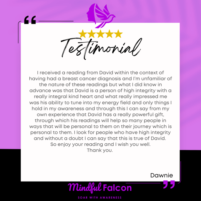 Testimonial praising the insightful reading experience from Mindful Falcon.
