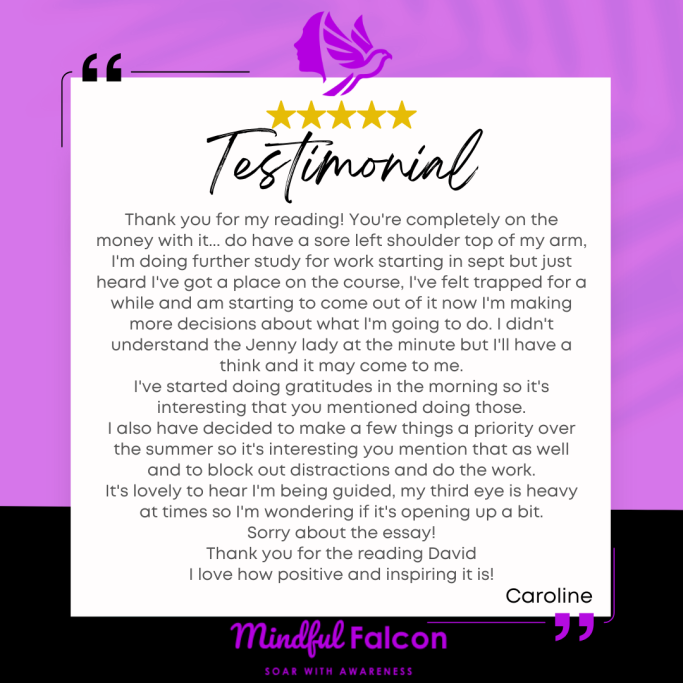 Testimonial expressing gratitude for a reading, highlighting personal insights and positive experiences.