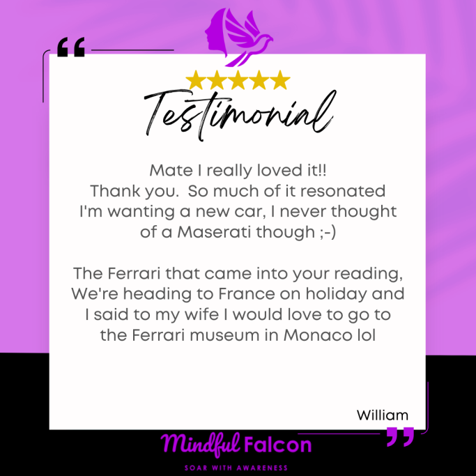 Testimonial praising a reading experience and mentioning a desire for a new car.