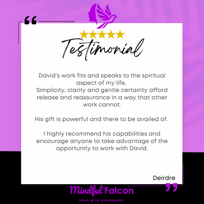 Testimonial praising David's spiritual guidance and recommend for collaboration.