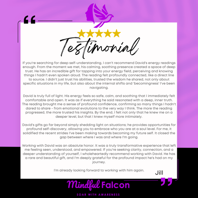 Testimonial with five stars, featuring a quote on a purple and black background.