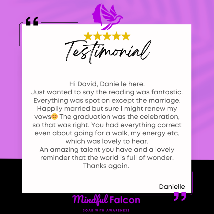 A testimonial from Danielle praising a fantastic reading experience and graduate celebration.